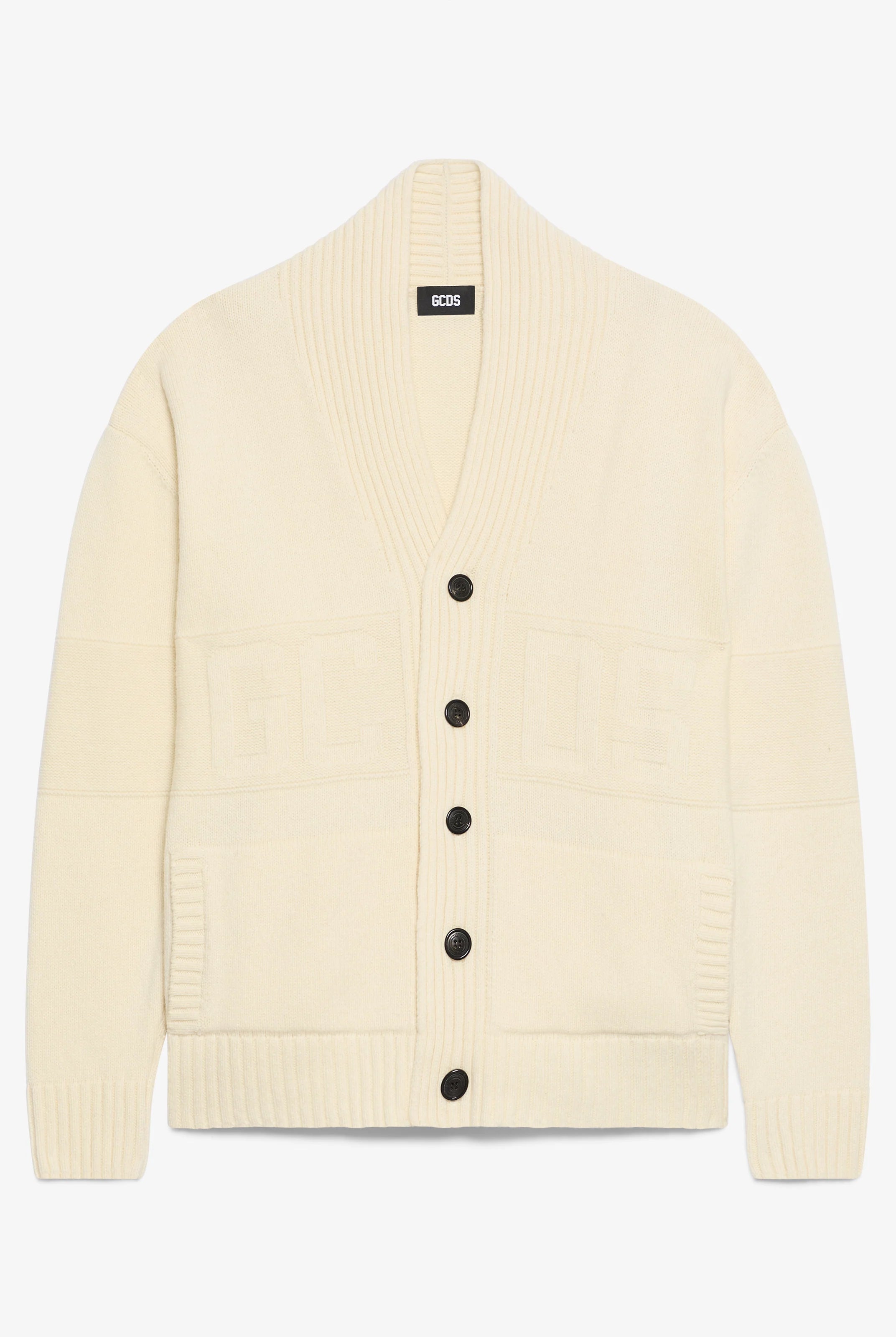 Maglione cardigan con bottoni e logo a intarsi