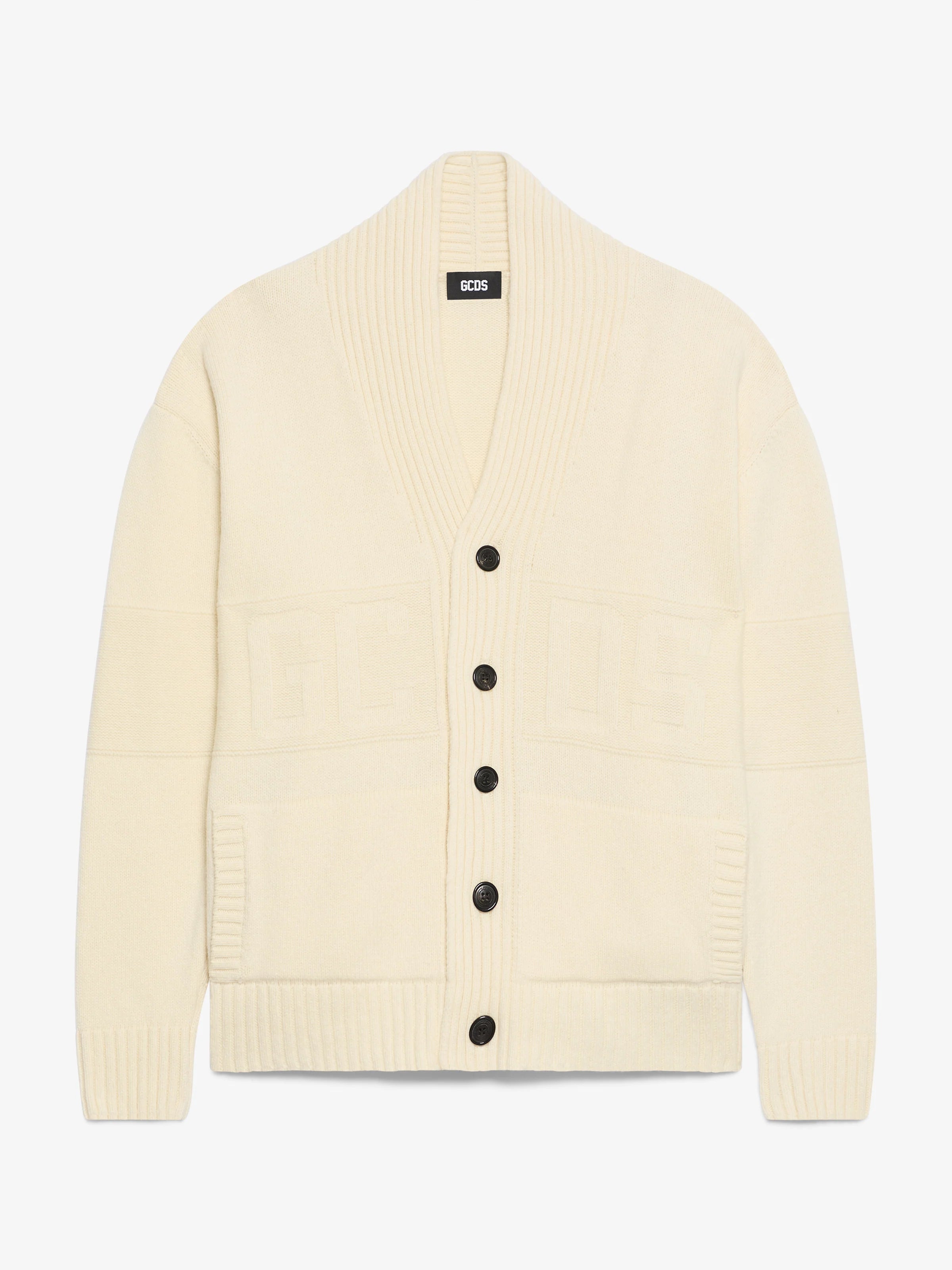 Maglione cardigan con bottoni e logo a intarsi