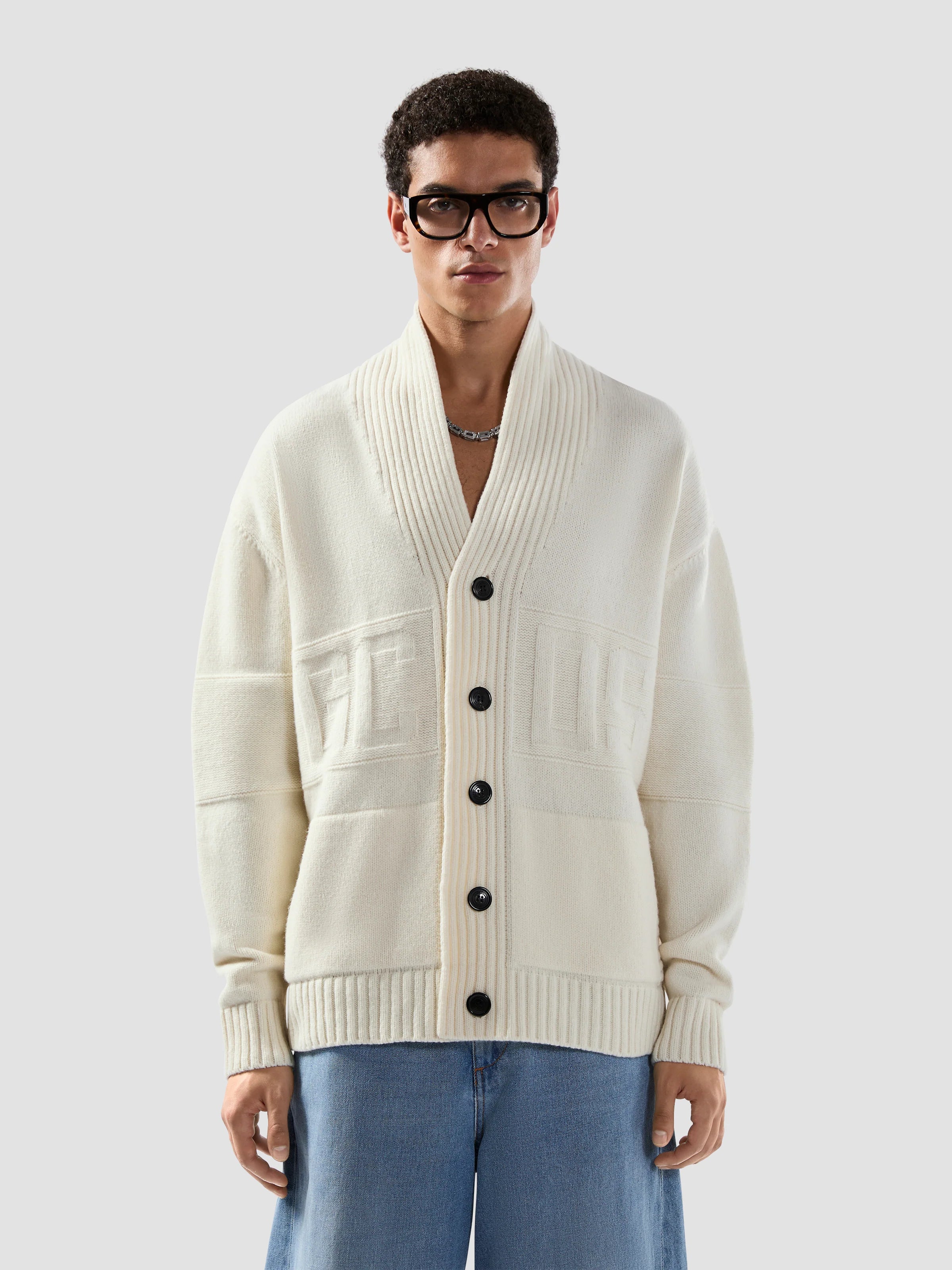 Maglione cardigan con bottoni e logo a intarsi