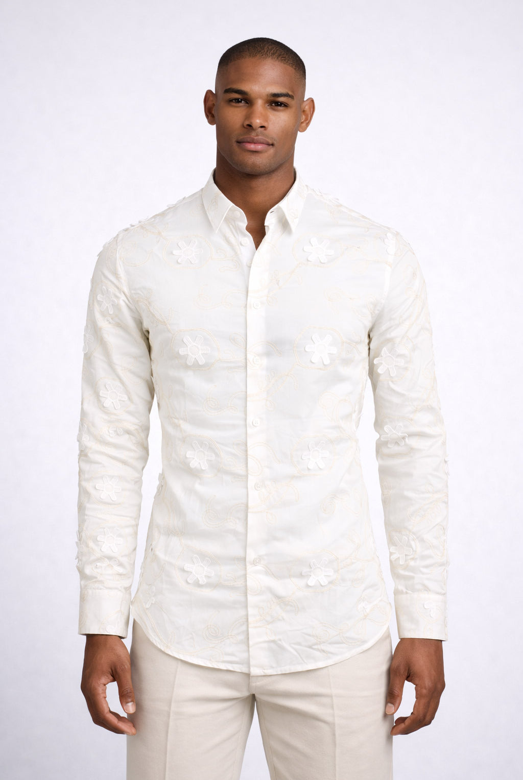 Camicia uomo ricami e fiori applicati slim fit cotone