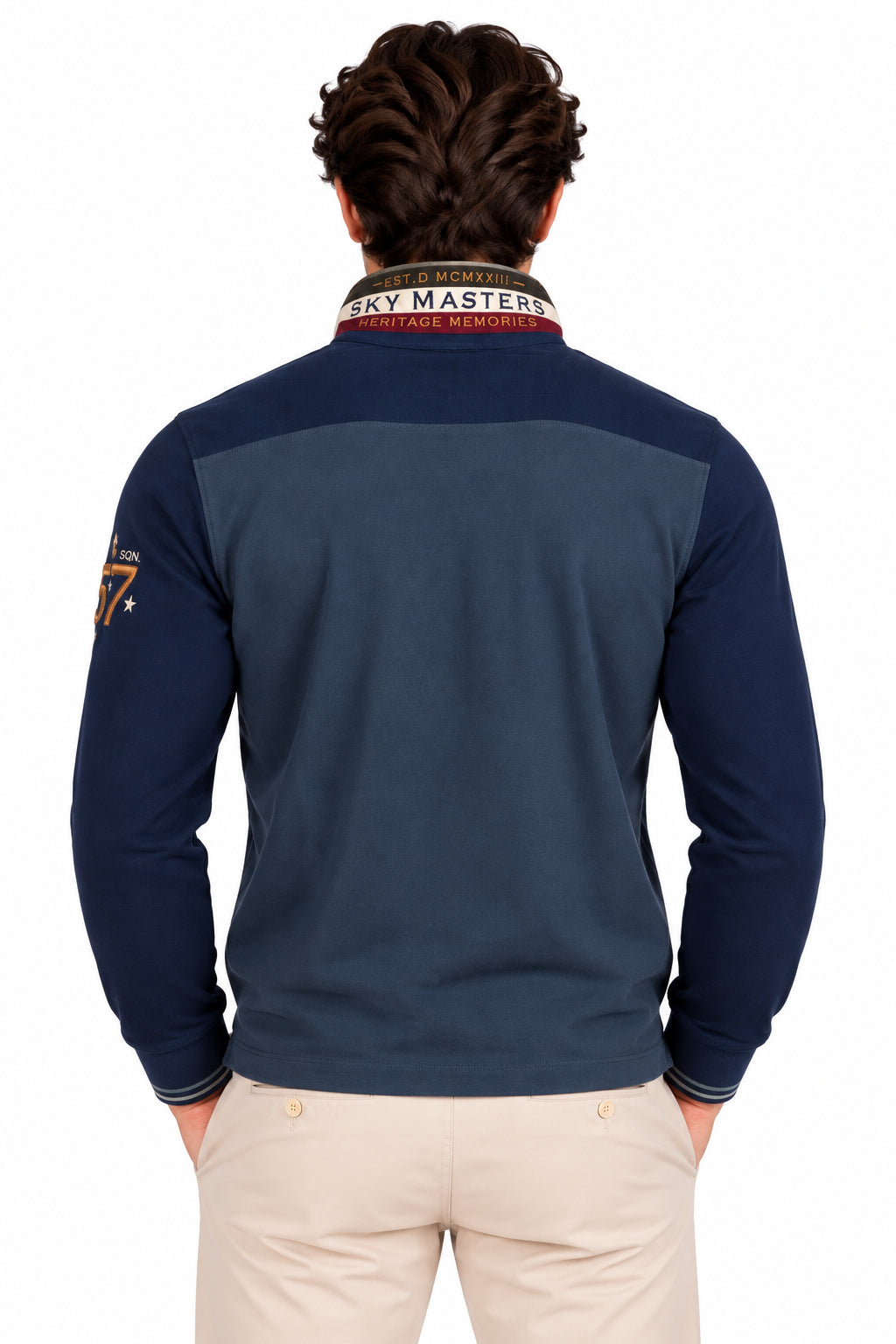 Polo manica lunga in piquet con patch e ricami