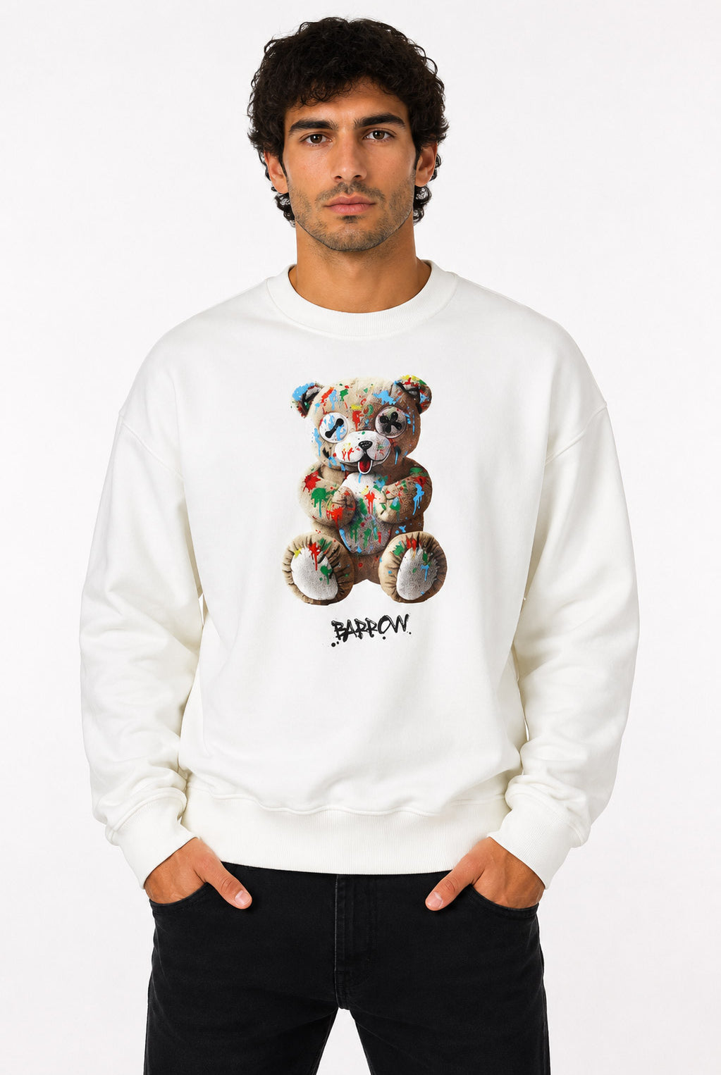 Felpa girocollo unisex con orsetto e lettering Barrow