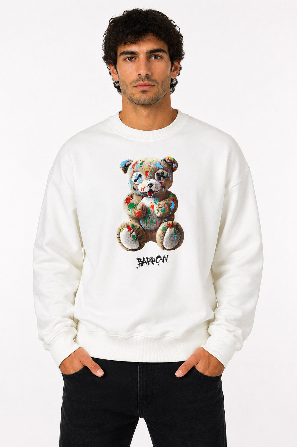 Felpa girocollo unisex con orsetto e lettering Barrow