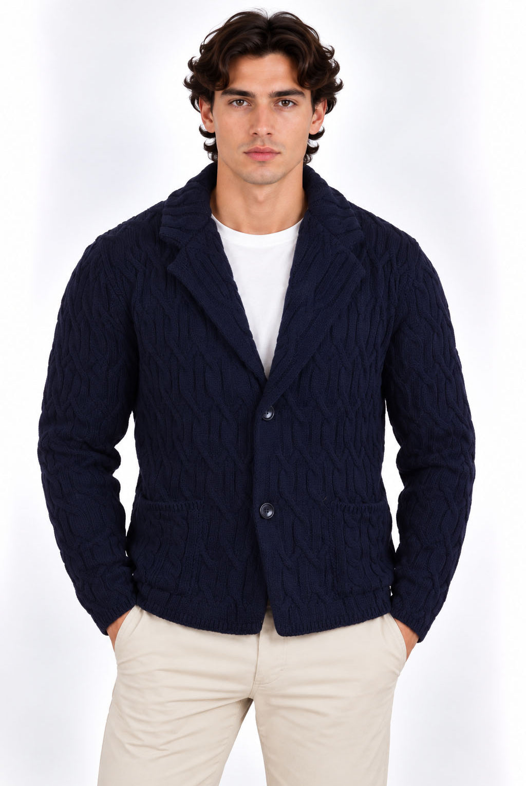 Giacca Uomo in Maglia a Trecce con Revers e Bottoni