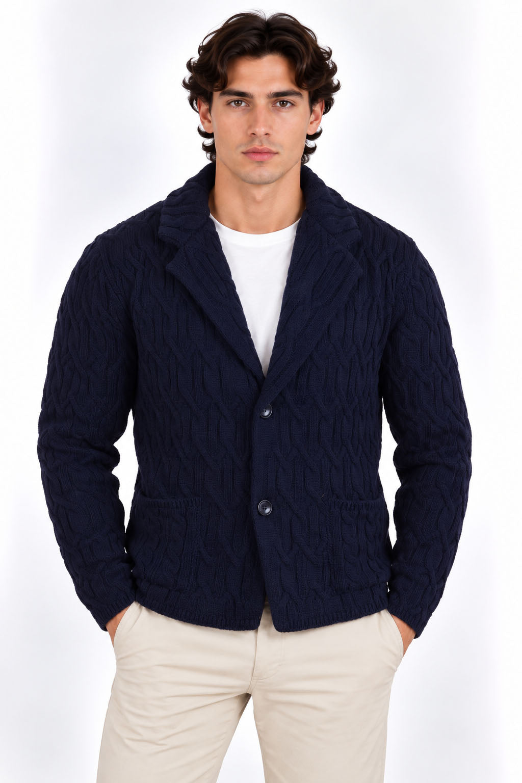 Giacca Uomo in Maglia a Trecce con Revers e Bottoni