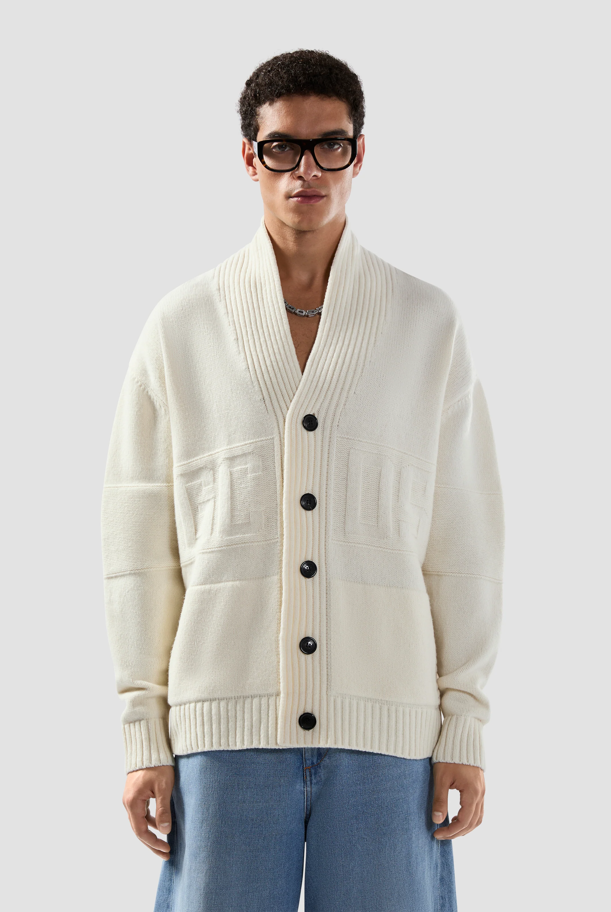 Maglione cardigan con bottoni e logo a intarsi