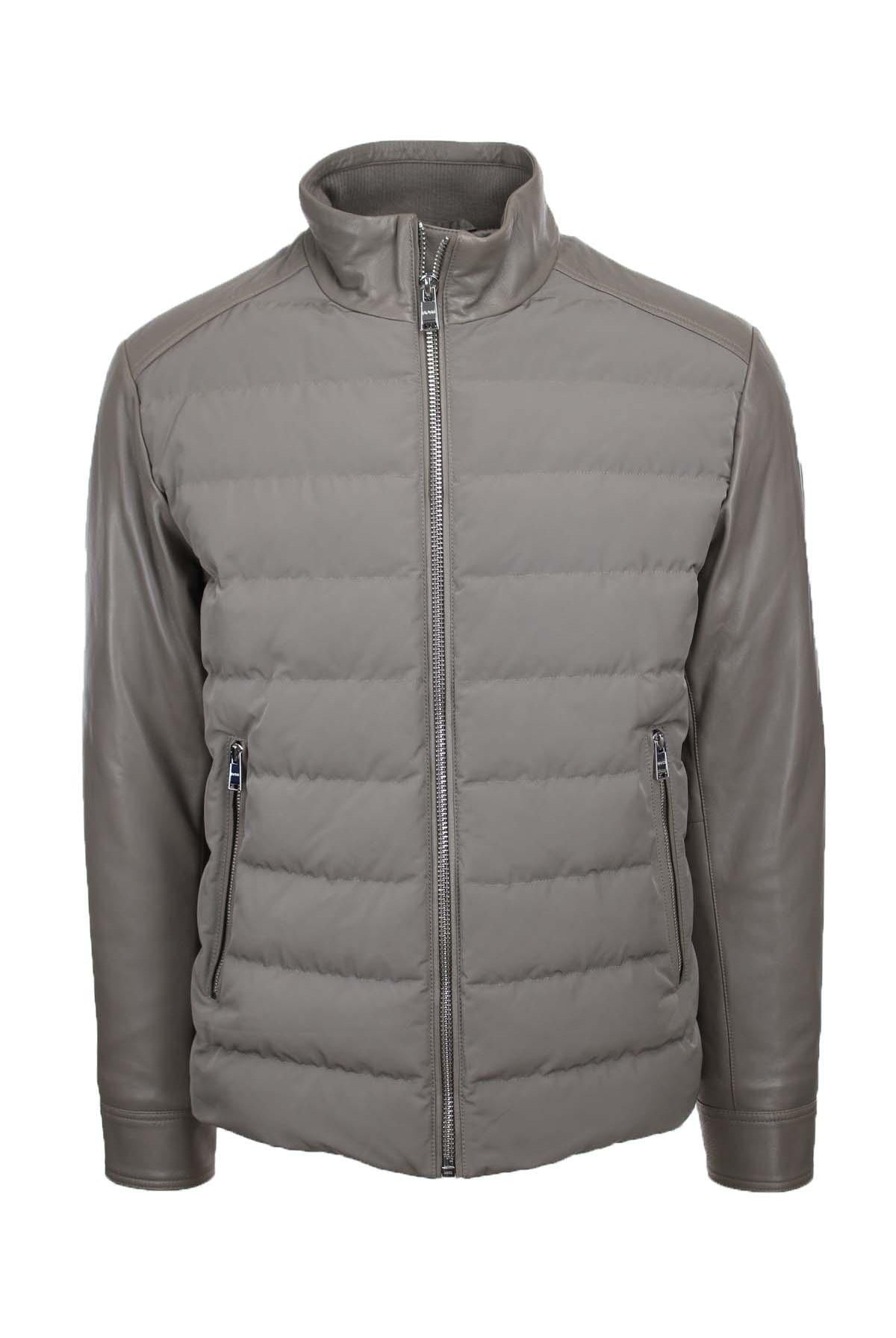 Giubbotto bomber in pelle e nylon imbottito