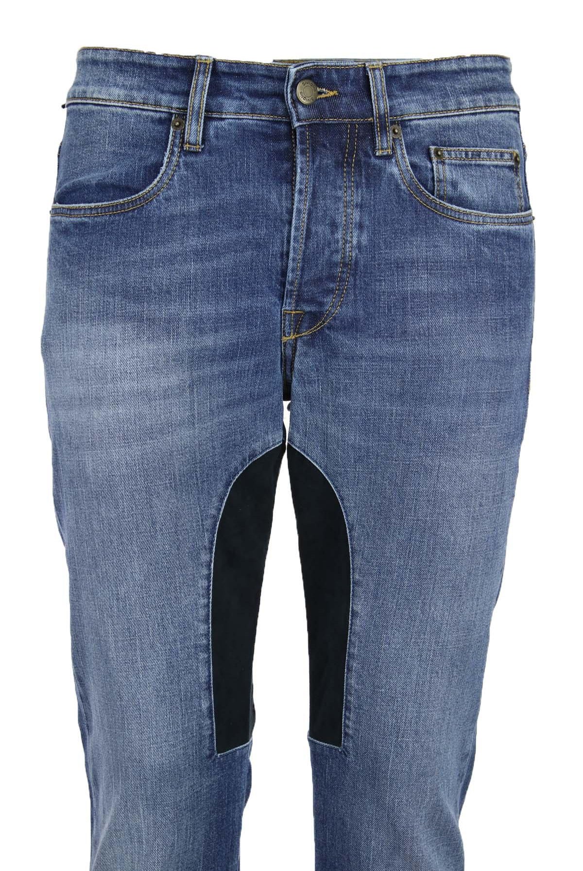 Jeans denim 5 tasche con toppa in alcantara