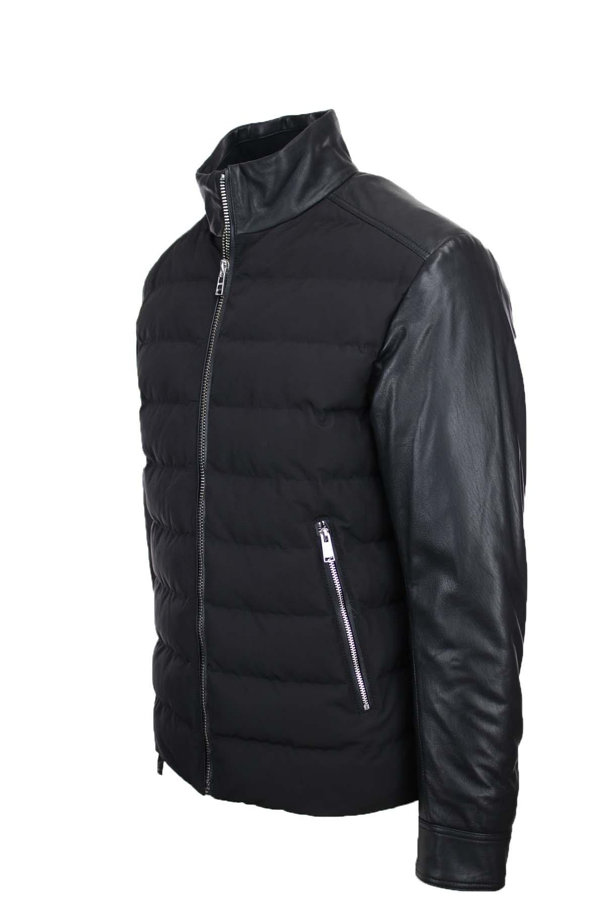 Giubbotto bomber in pelle e nylon imbottito