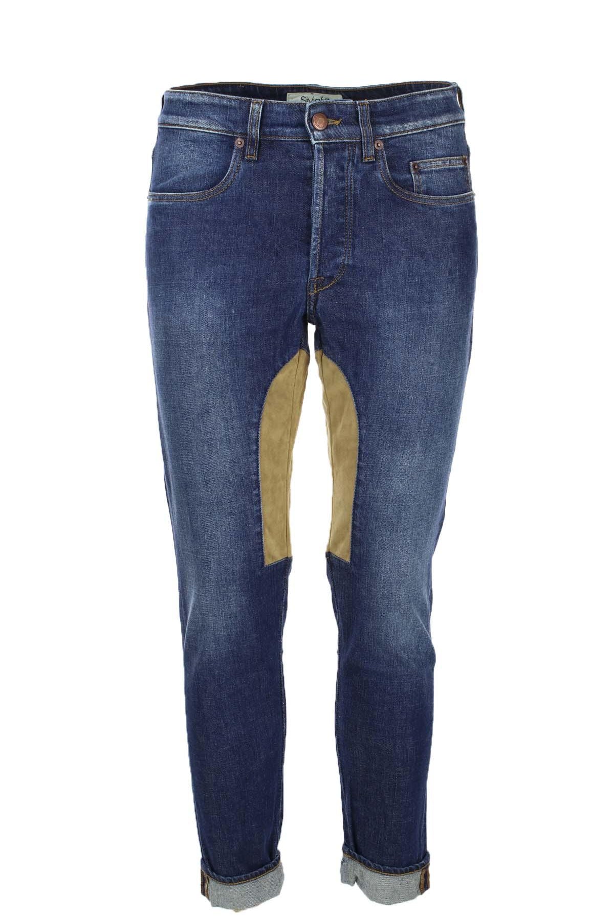 Jeans denim 5 tasche con toppa in alcantara beige