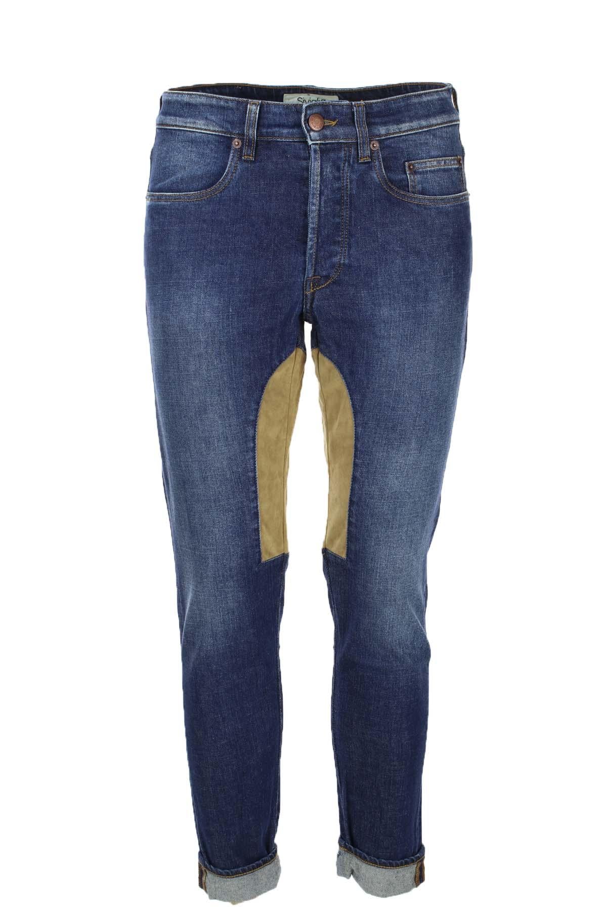 Jeans denim 5 tasche con toppa in alcantara beige