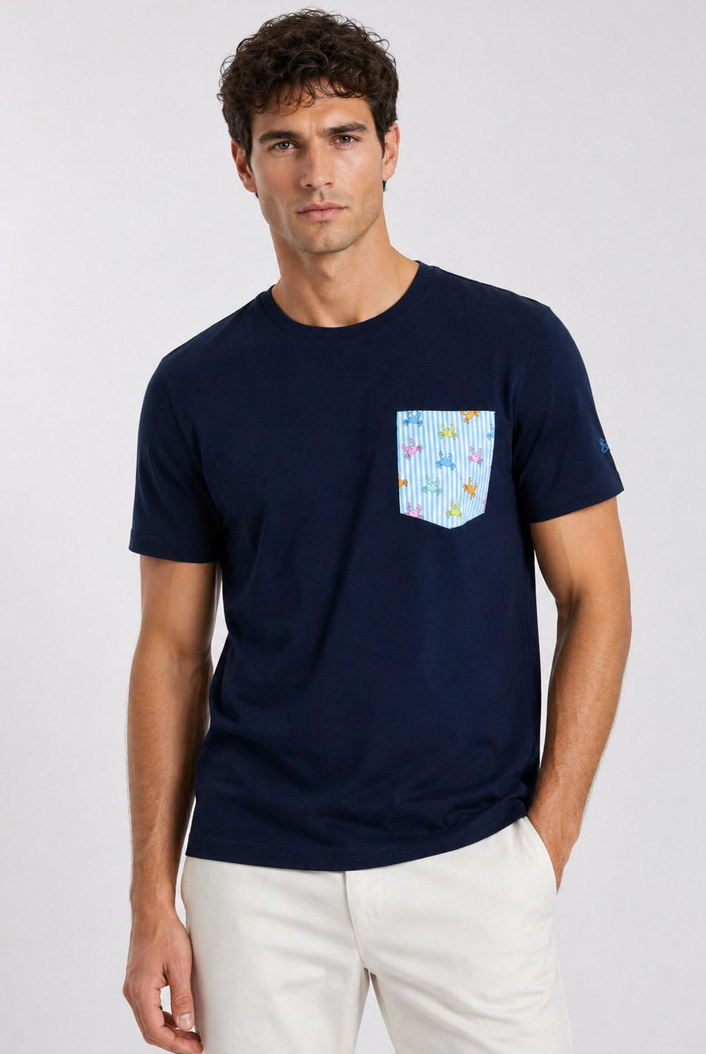 Tshirt con taschino granchi multicolor e righe