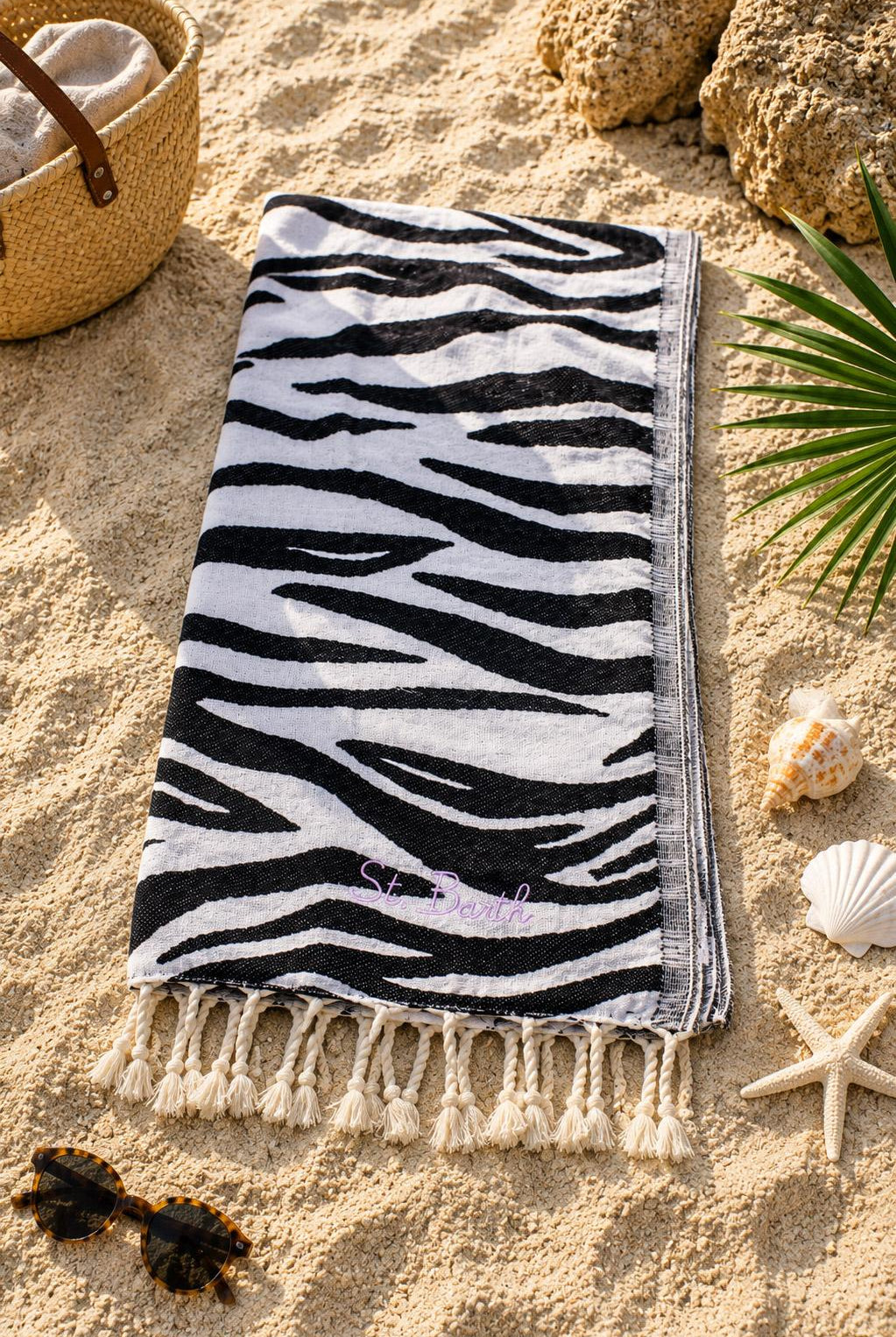 Telo Mare in Cotone fantasia zebra con Frange