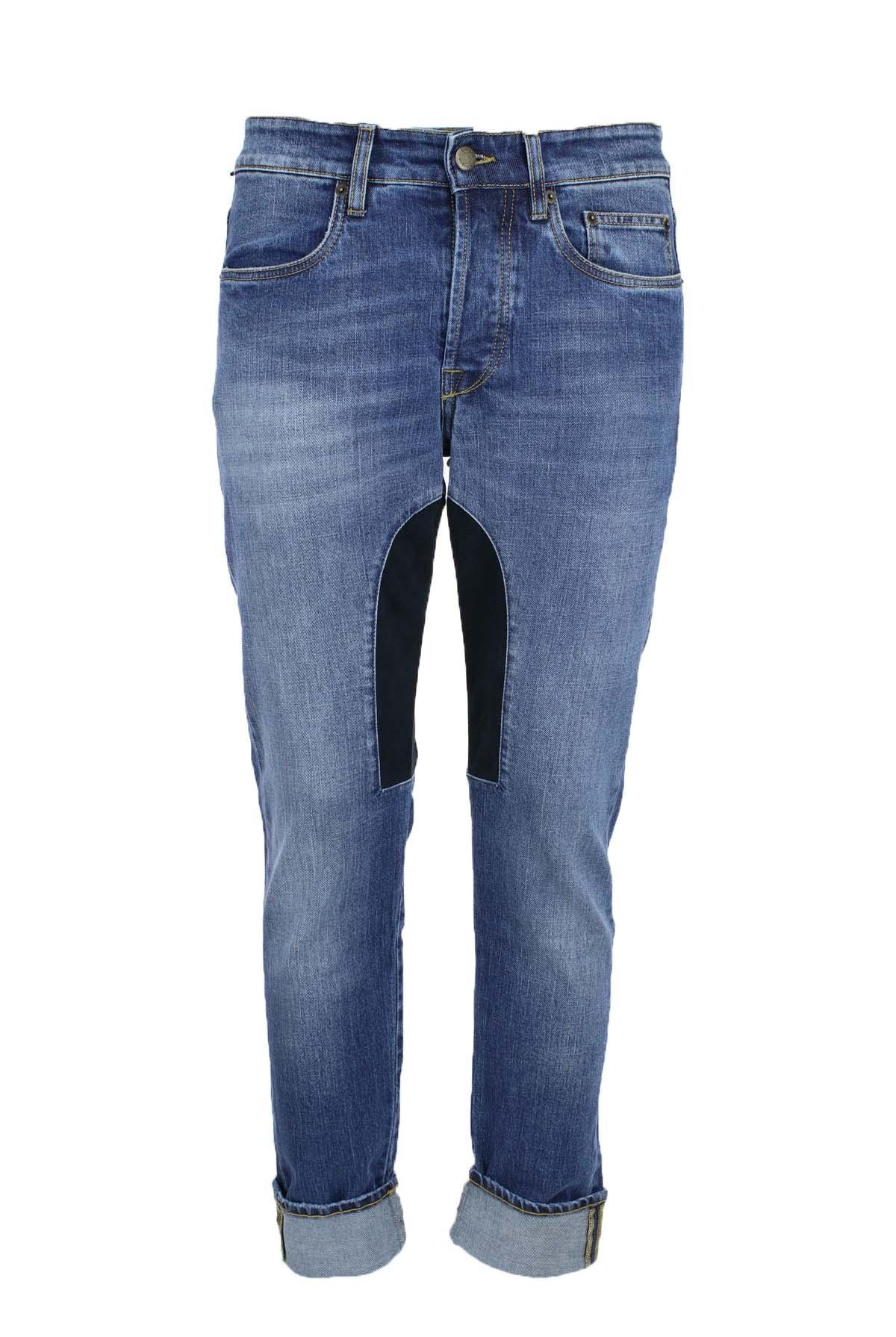 Jeans denim 5 tasche con toppa in alcantara