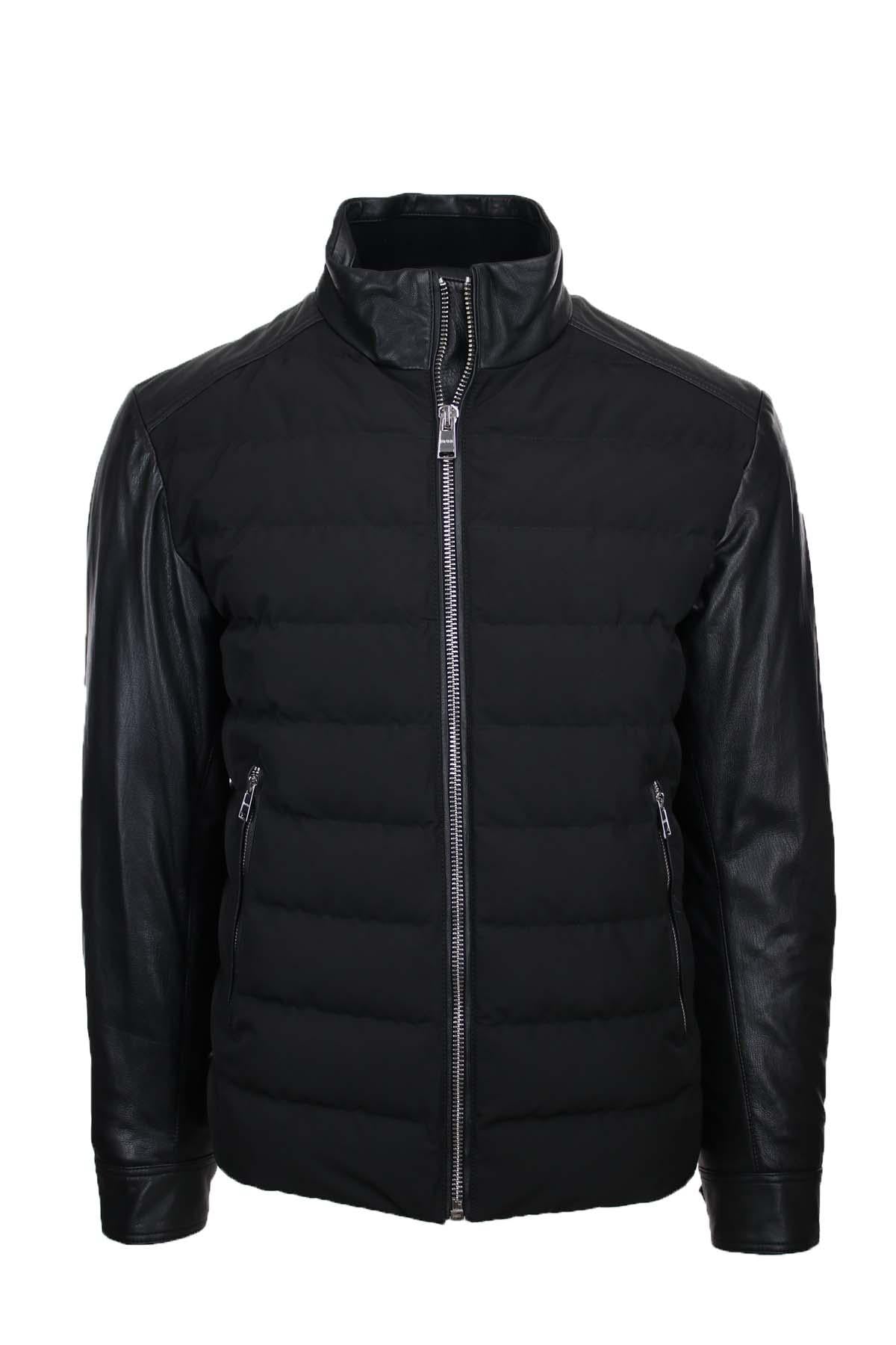 Giubbotto bomber in pelle e nylon imbottito