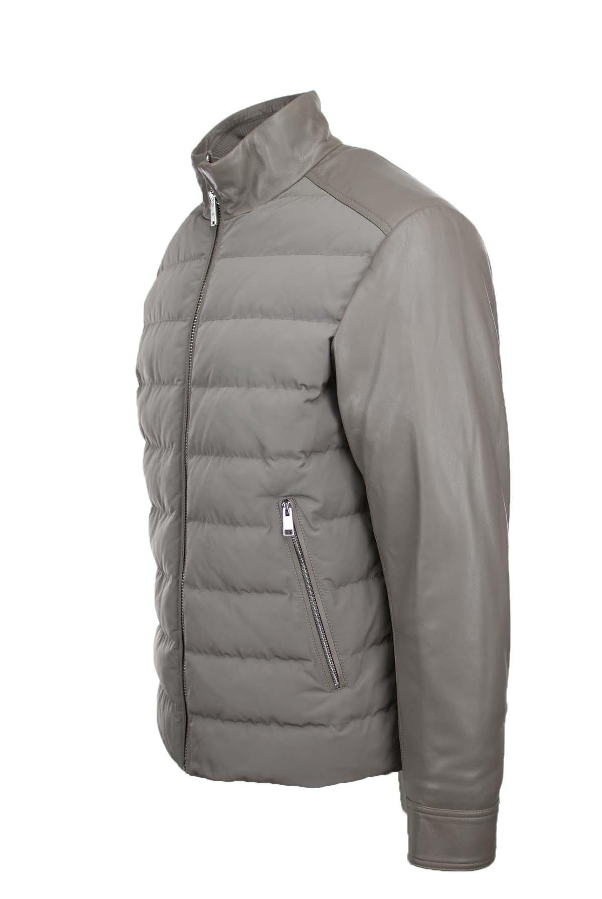 Giubbotto bomber in pelle e nylon imbottito