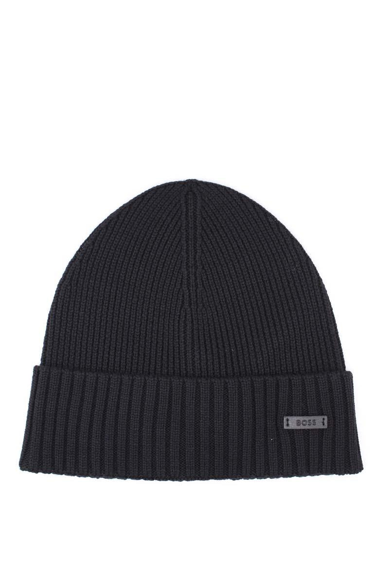 Cappellino in lana con risvolto e logo boss