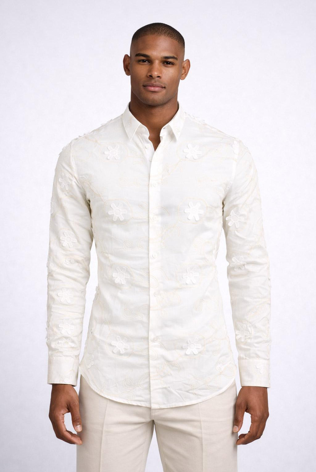 Camicia uomo ricami e fiori applicati slim fit cotone