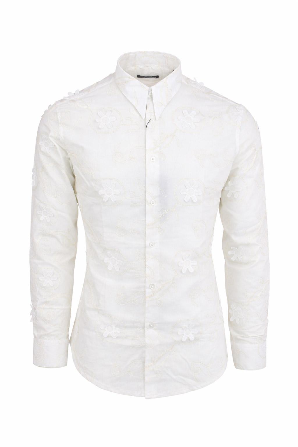 Camicia uomo ricami e fiori applicati slim fit cotone