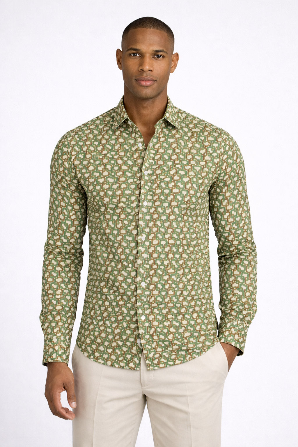 Camicia uomo fantasia geometrica slim fit in viscosa 