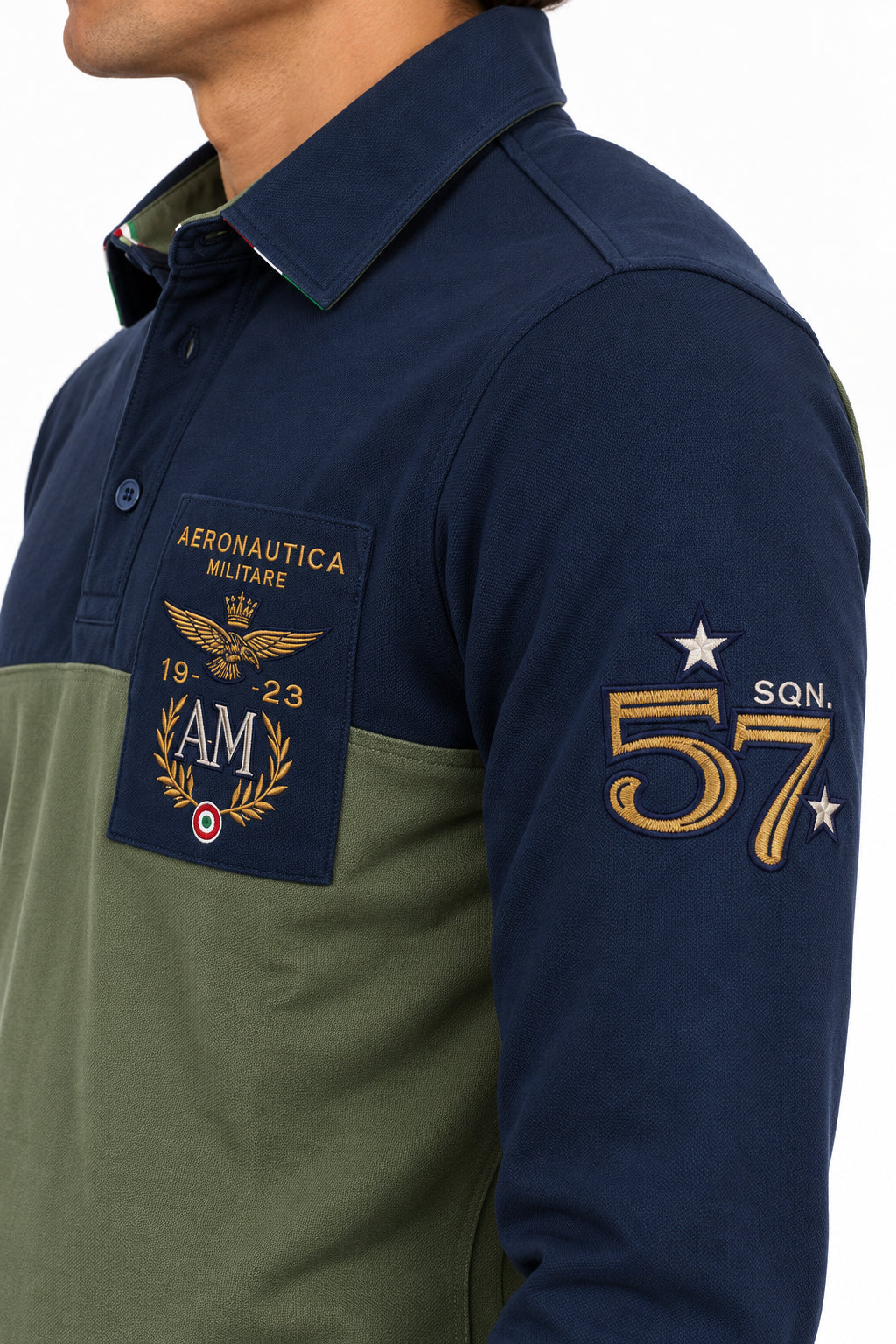 Polo manica lunga in piquet con patch e ricami 