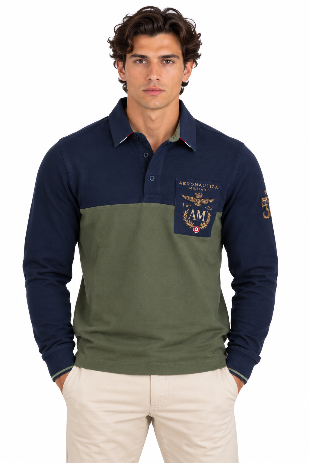 Polo manica lunga in piquet con patch e ricami 
