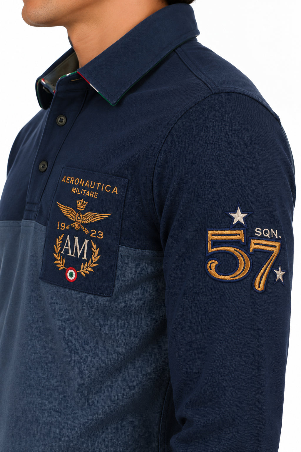 Polo manica lunga in piquet con patch e ricami 