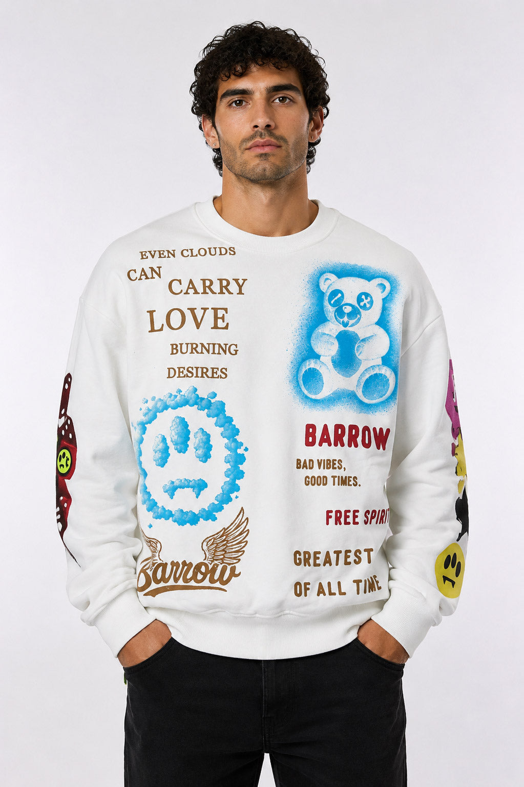 Felpa girocollo unisex con stampe multicolor 