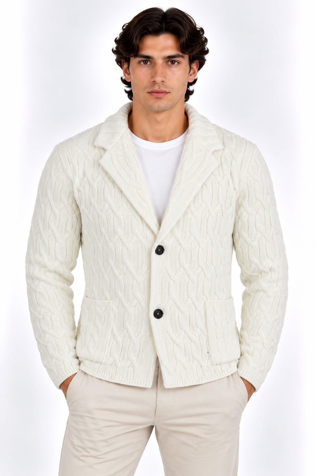 Giacca Uomo in Maglia a Trecce con Revers e Bottoni 