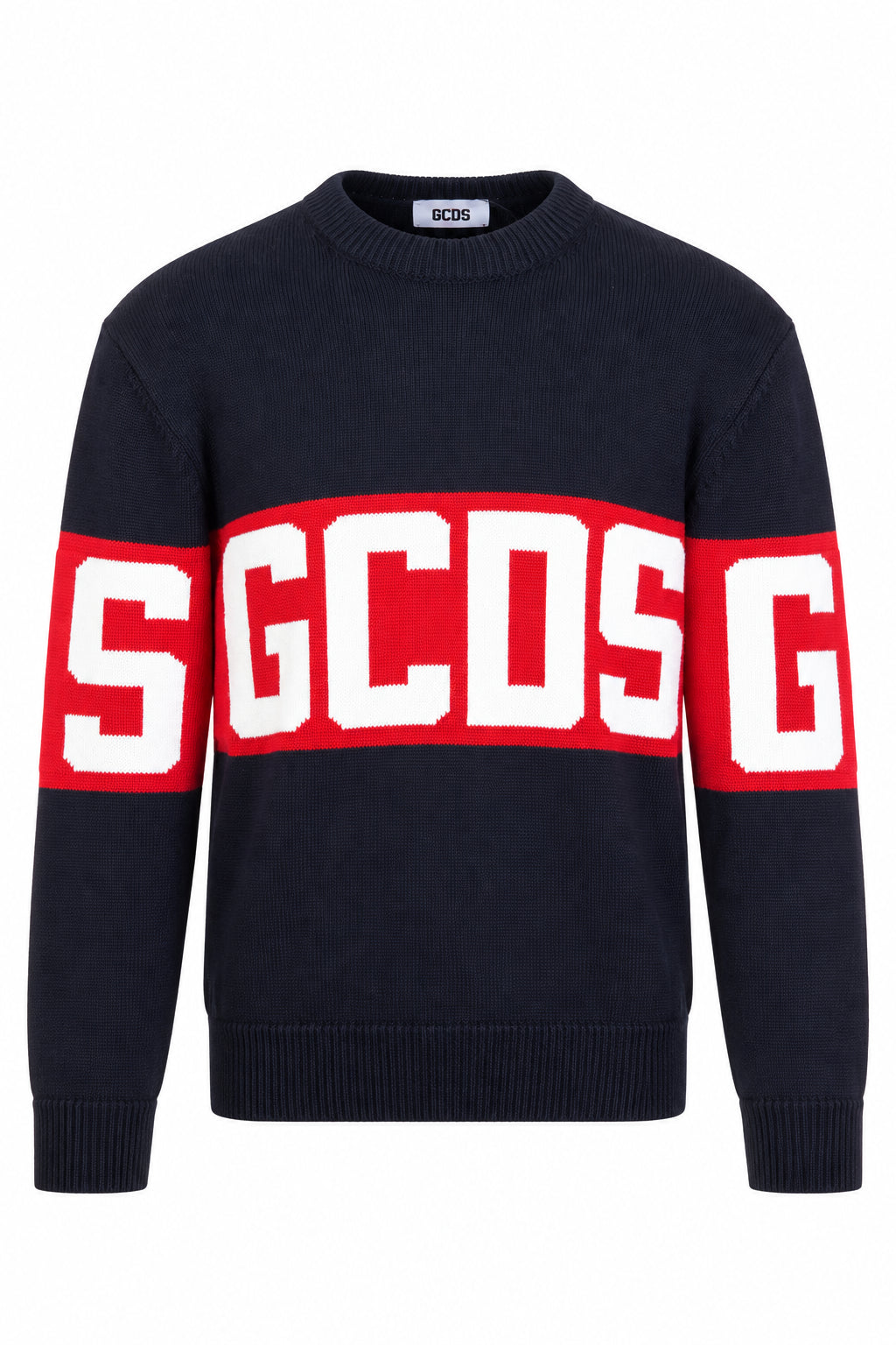 Maglia girocollo in lana con banda logata 