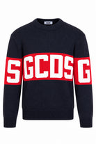 Maglia girocollo in lana con banda logata 