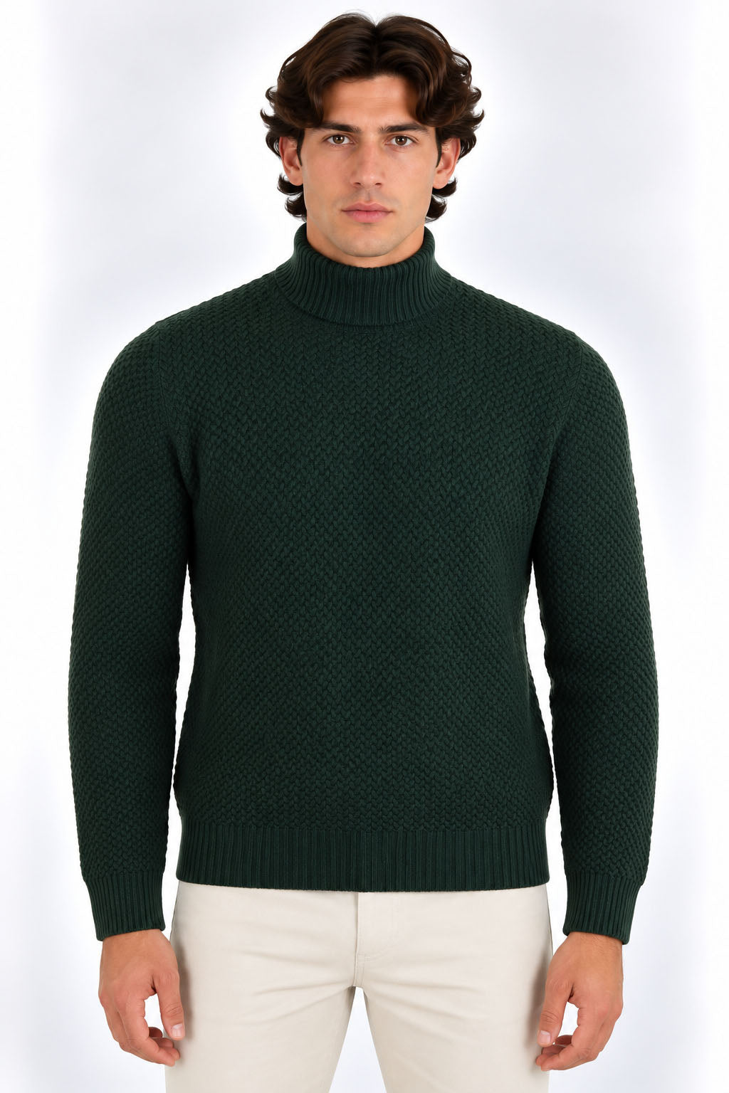 Maglia Dolcevita Uomo in Lana Merinos Extrafine a Microtrecce 