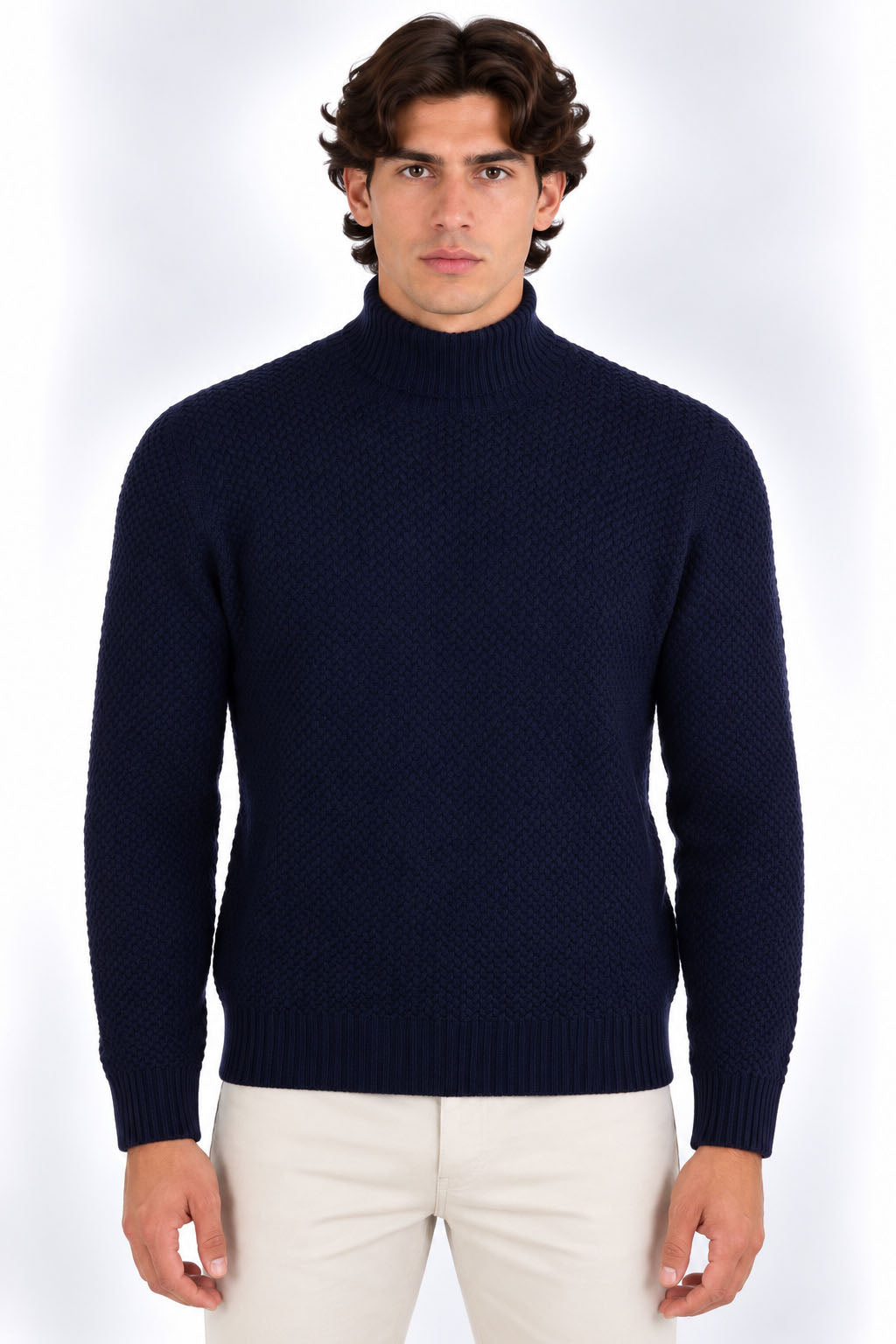 Maglia Dolcevita Uomo in Lana Merinos Extrafine a Microtrecce 