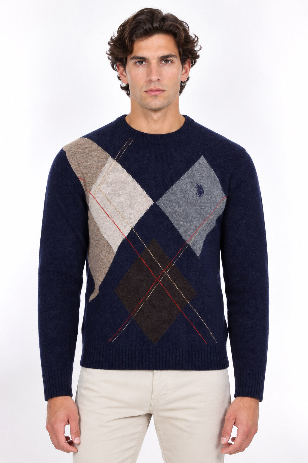 Maglione girocollo uomo in misto lana a rombi 