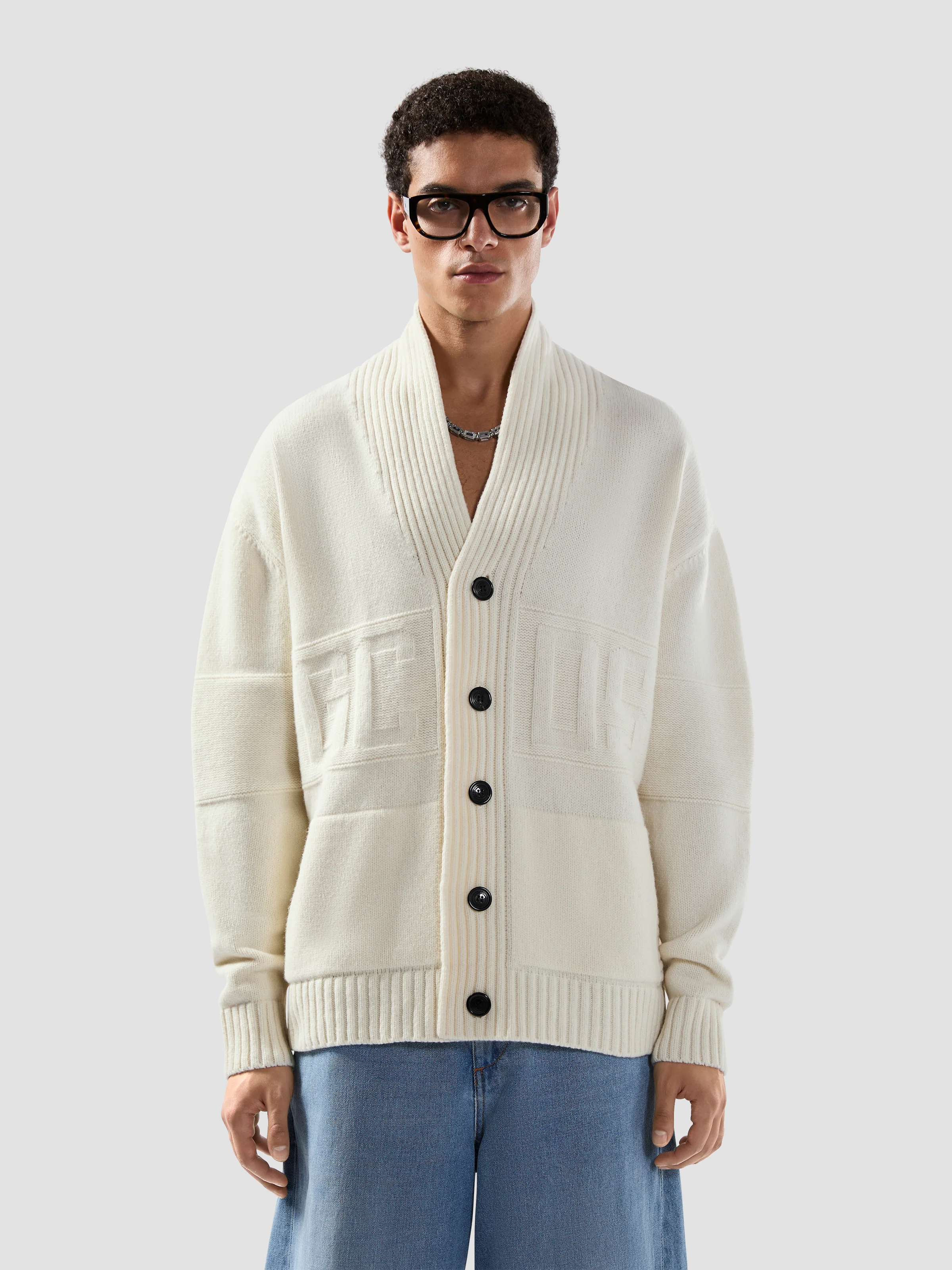 Maglione cardigan con bottoni e logo a intarsi 