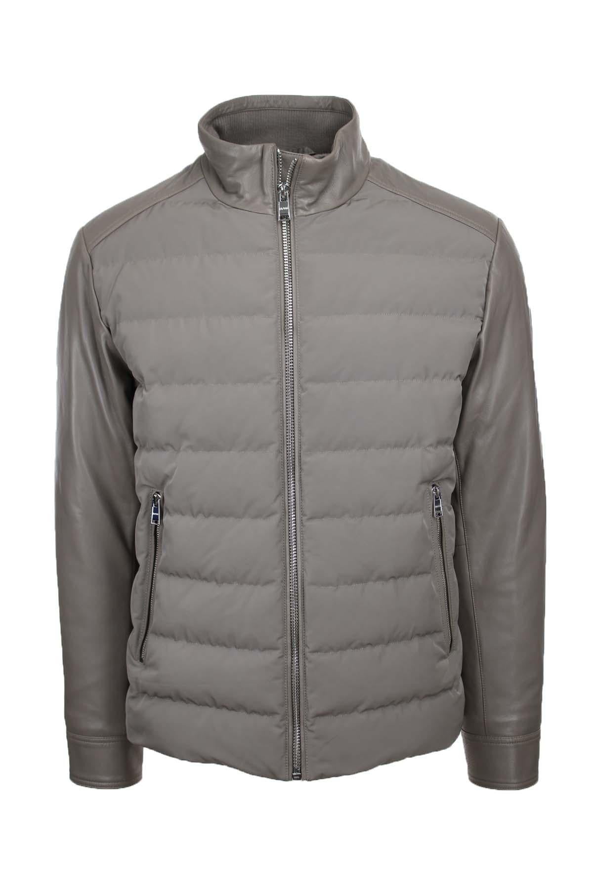 Giubbotto bomber  in pelle e nylon imbottito 