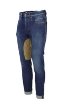 Jeans denim 5 tasche con toppa in alcantara beige 