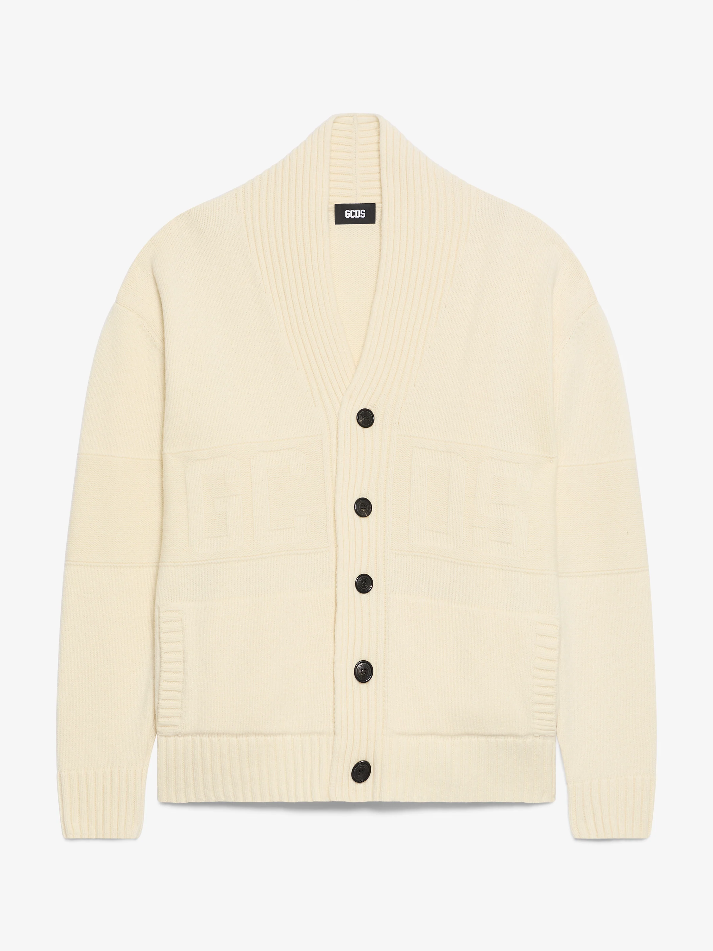 Maglione cardigan con bottoni e logo a intarsi 