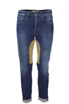 Jeans denim 5 tasche con toppa in alcantara beige 