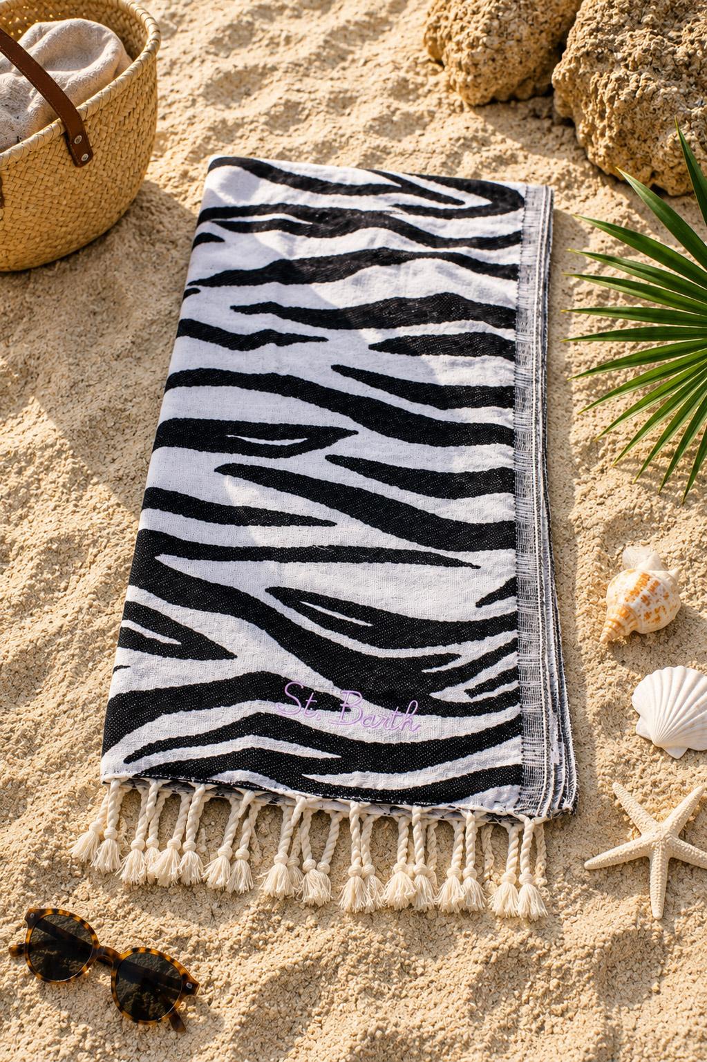 Telo Mare in Cotone fantasia zebra con Frange 
