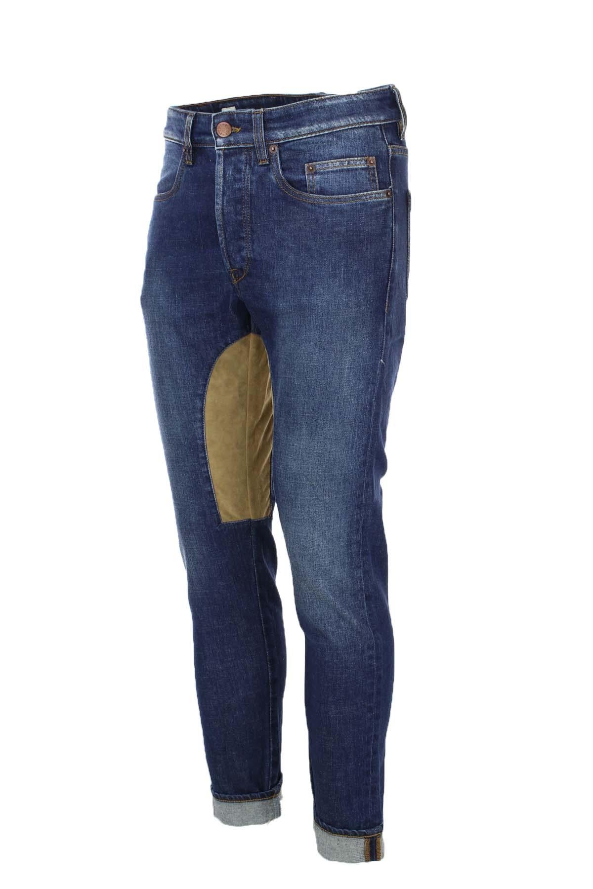 Jeans denim 5 tasche con toppa in alcantara beige 