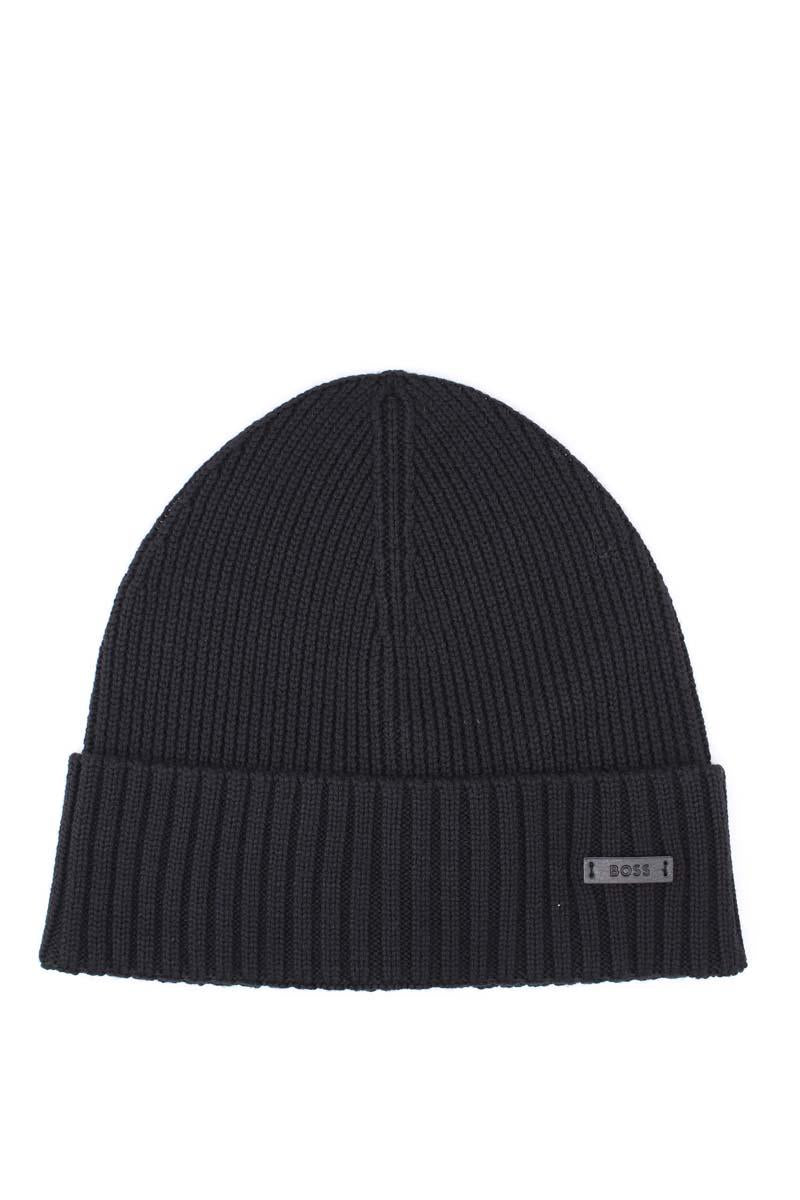 Cappellino in lana con risvolto e logo boss 