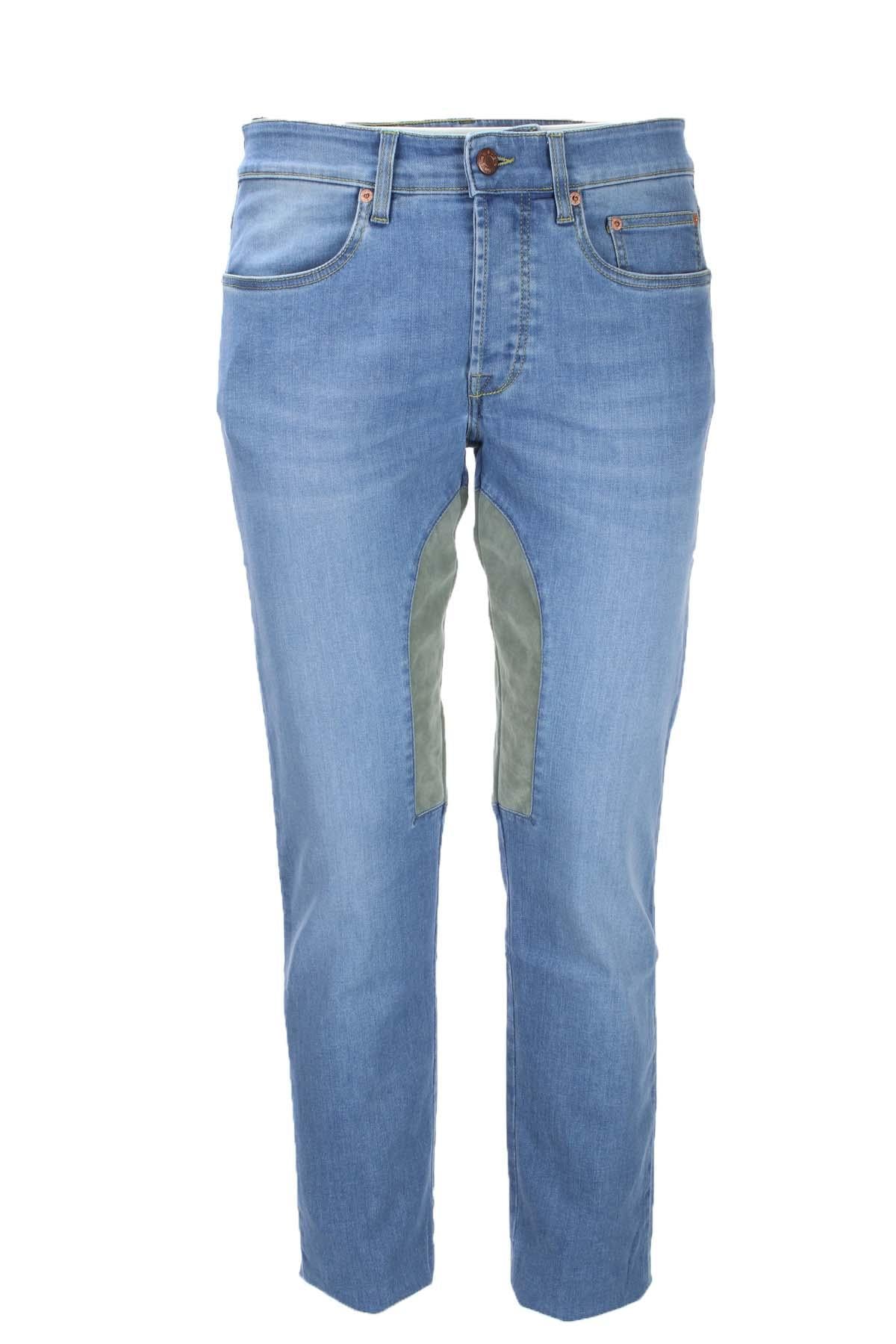 Jeans denim 5 tasche con toppe in alcantara 